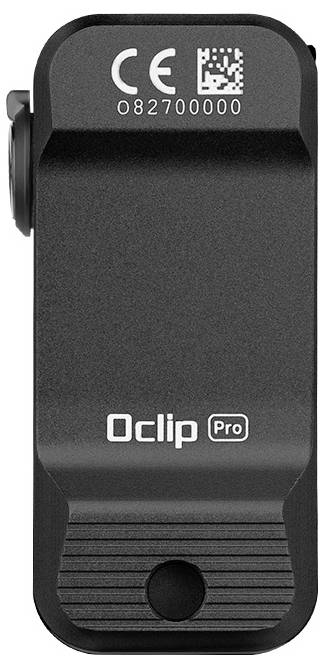 Crni kopčač s natpisom Oclip Pro i CE oznakom gore. Uređaj za pričvršćivanje na predmete.