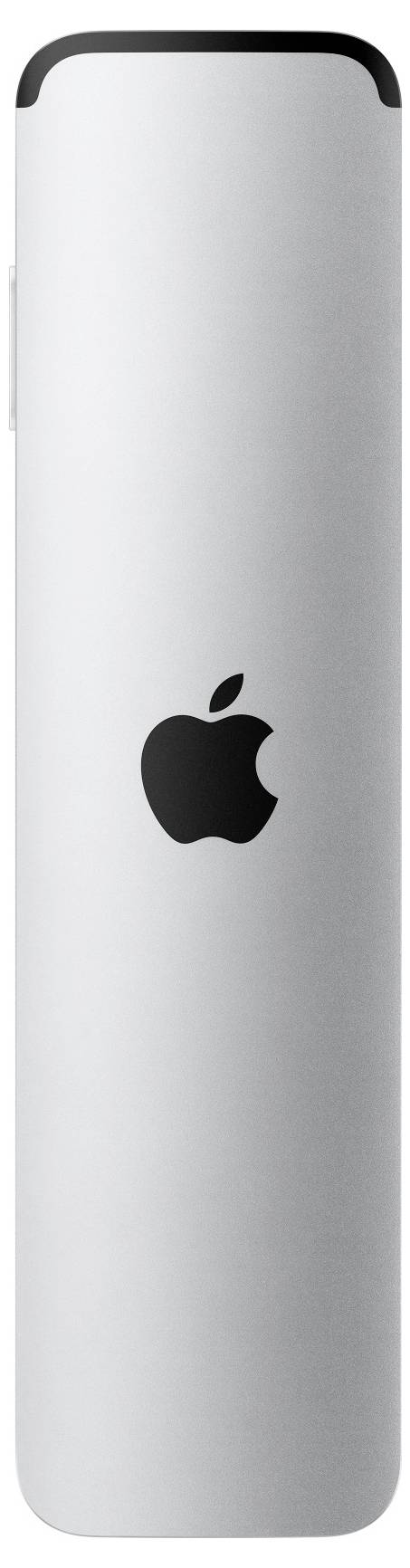 Srebrni daljinski upravljač s crnim Apple logotipom u sredini.