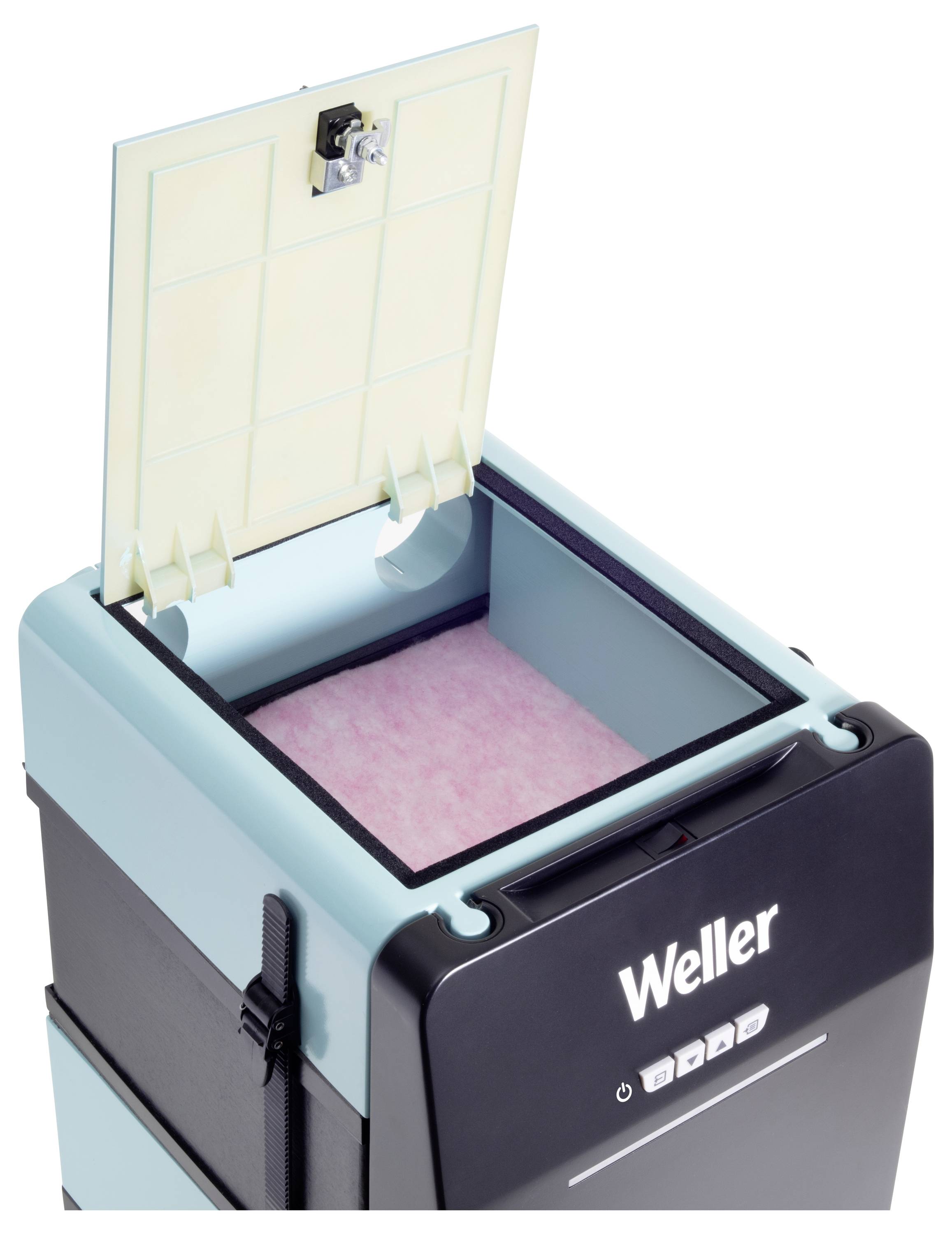Otvoreni ventilacijski filter marke 'Weller' u svjetloplavoj i crnoj boji, s vidljivim ružičastim filterskim umetkom u unutrašnjosti.