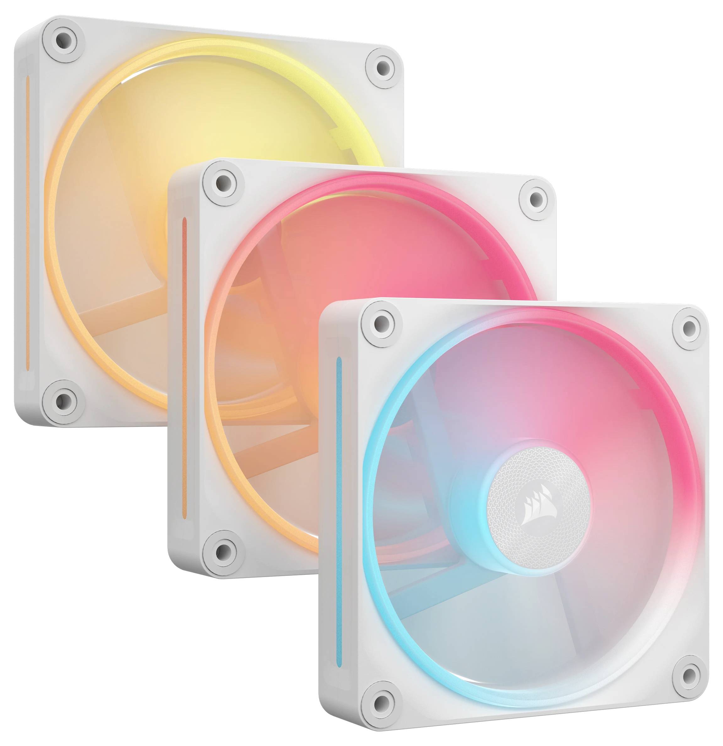 Tri PC ventilatora s RGB osvjetljenjem prikazuju različite boje: žutu, ružičastu i plavu. Idealan za računala koja žele naglasiti osvjetljenje.
