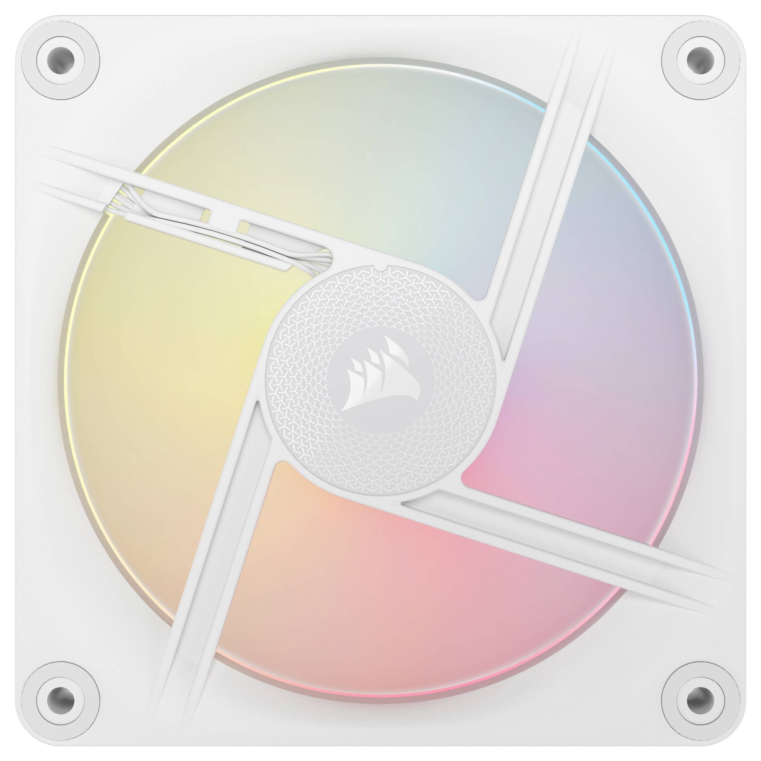 Bijeli, kvadratni računalni ventilator sa četiri montažne točke i višebojnom RGB rasvjetom u sredini.