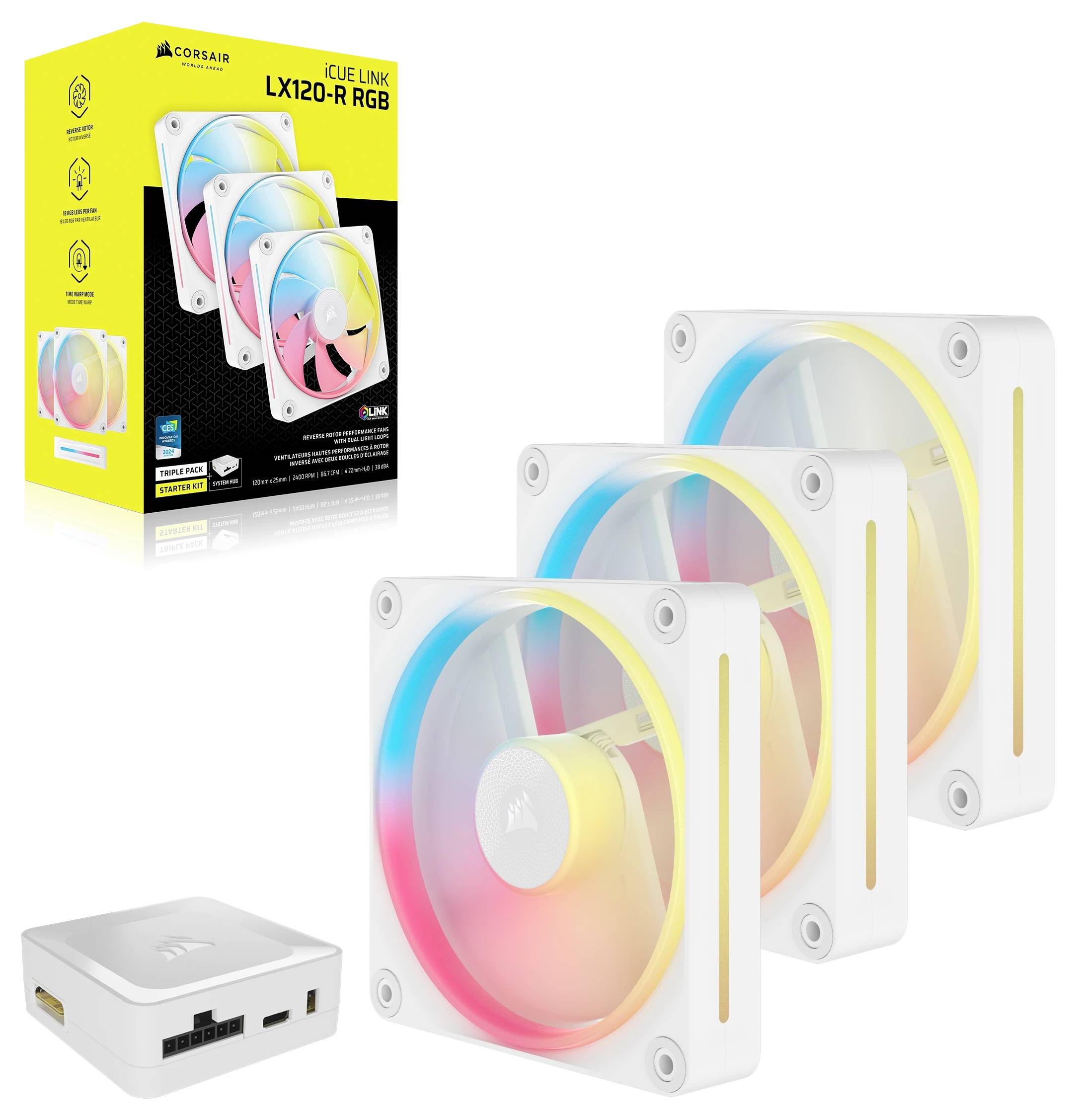 Slika prikazuje tri Corsair iCUE LINK LX120-R RGB ventilatora ispred njihove ambalaže. Ventilatori svijetle u različitim bojama. Lijevo dolje se nalazi kontroler.