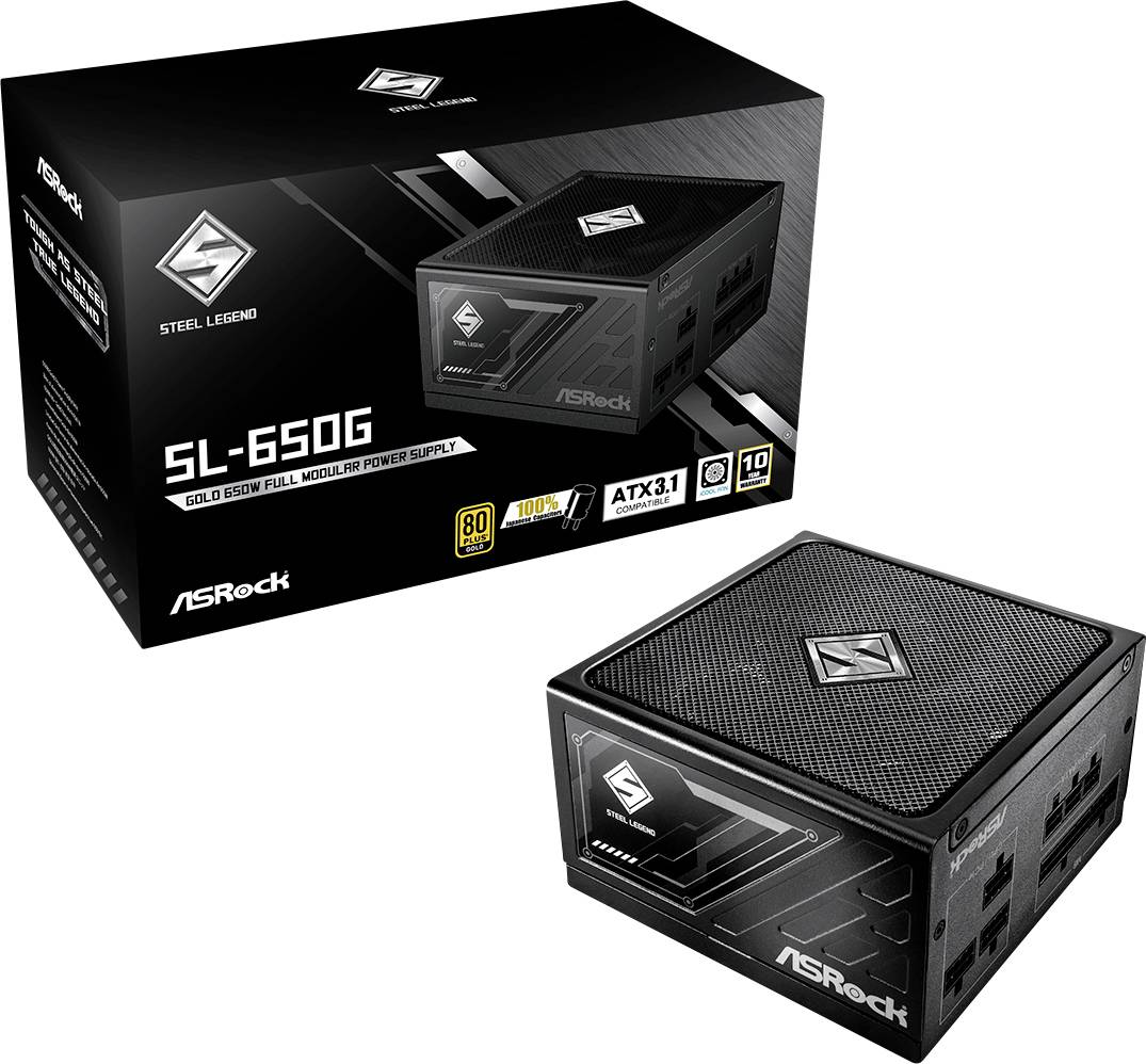 Crni računalni napajnik 'ASRock SL-650G' snage 650W i modularne izvedbe, prikazan pored odgovarajuće ambalaže.