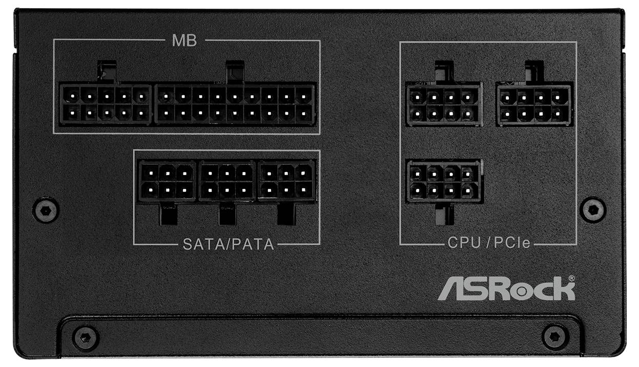 Crni elektronički komponenti dio s priključcima, označen natpisima 'MB', 'SATA/PATA' i 'CPU/PCIe'. Marka ASRock u donjem desnom kutu.