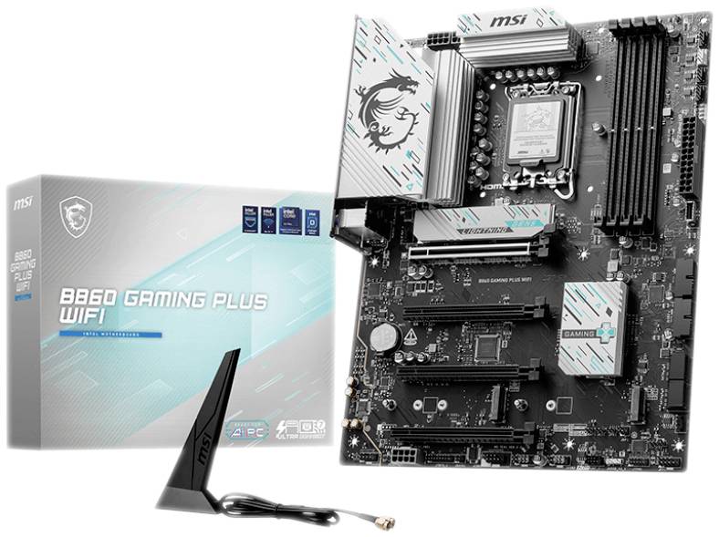 MSI B560 Gaming Plus WiFi matična ploča prikazana pored pakiranja i WLAN antene, s logotipima i tehničkim informacijama na kutiji.