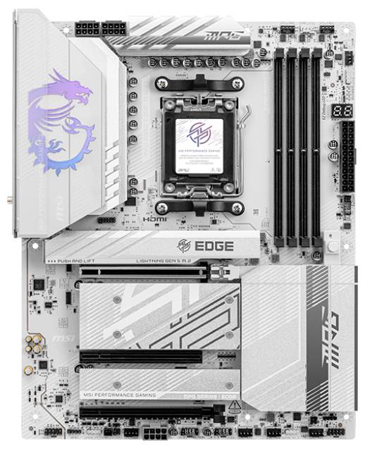 Matična ploča s srebrnim i ljubičastim naglascima, prikazuje utore za RAM, utičnicu za CPU i različite priključke. Vidljiv logotip marke.