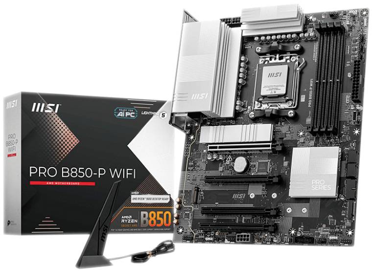 Slika prikazuje matičnu ploču MSI PRO B850-P WIFI uz njezinu ambalažu. Posjeduje WLAN funkcionalnost i razne priključke.
