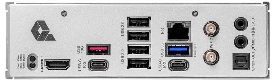 Pogled straga na računalnoj matičnoj ploči s nekoliko USB priključaka, HDMI-jem, Ethernetom, audio izlazima i optičkim audio priključkom.