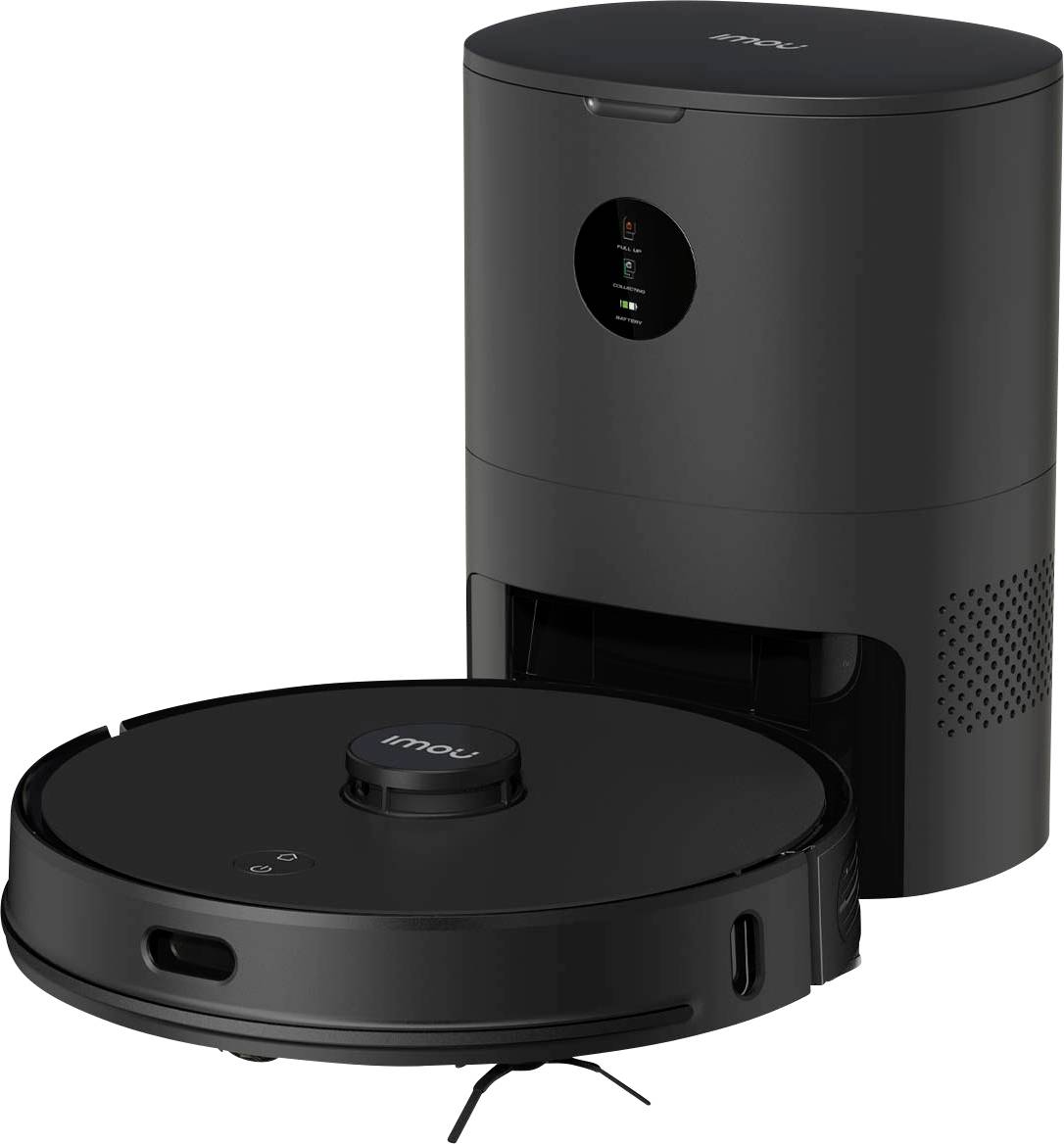 Okrugli, crni robot usisivač s odgovarajućom postajom za punjenje. U pozadini stanica prikazuje status punjenja i rada.