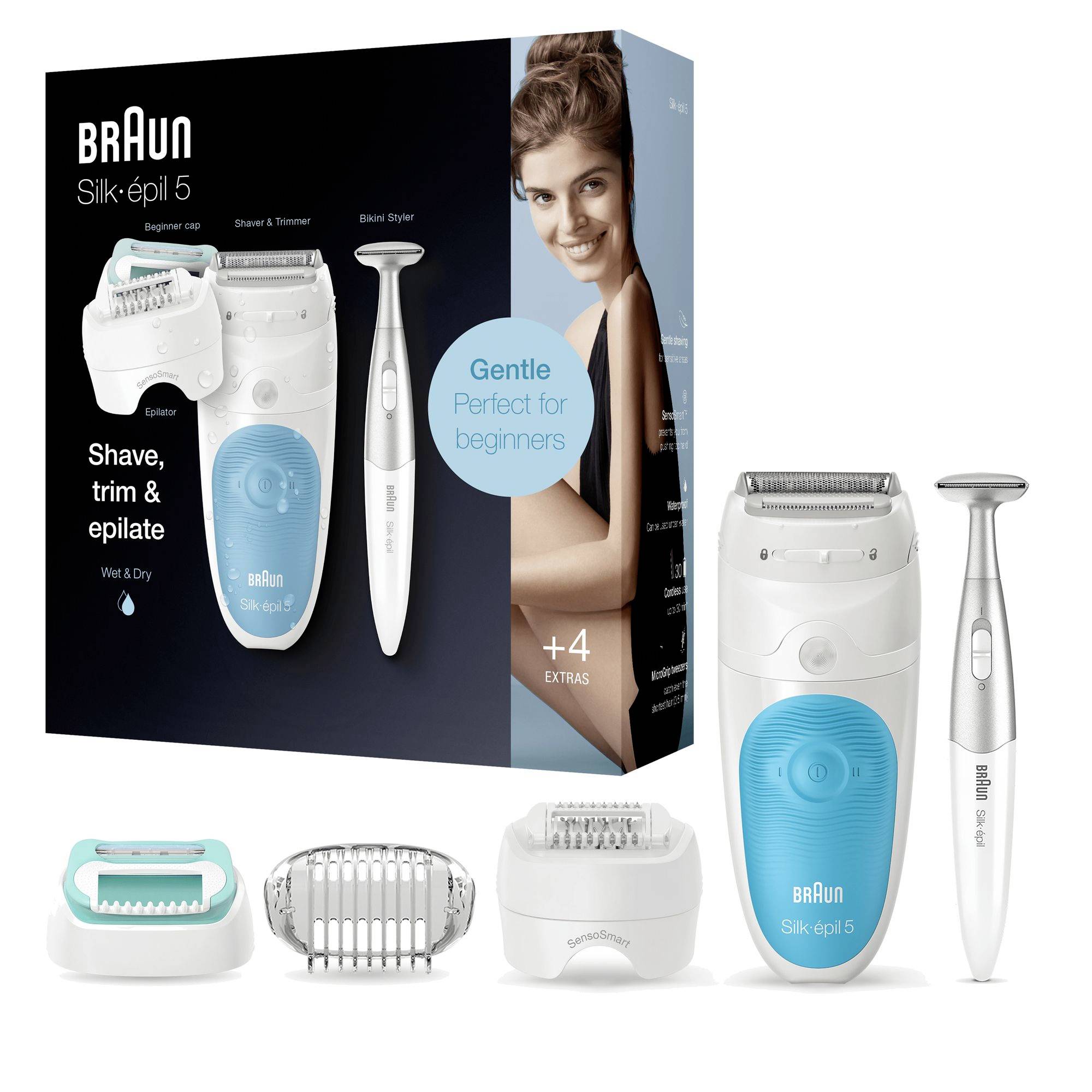 'Braun Silk-épil 5' set epilatora s nastavcima, za mokro i suho uklanjanje dlačica, idealan za početnike. Ambalaža prikazuje model i varijante proizvoda.
