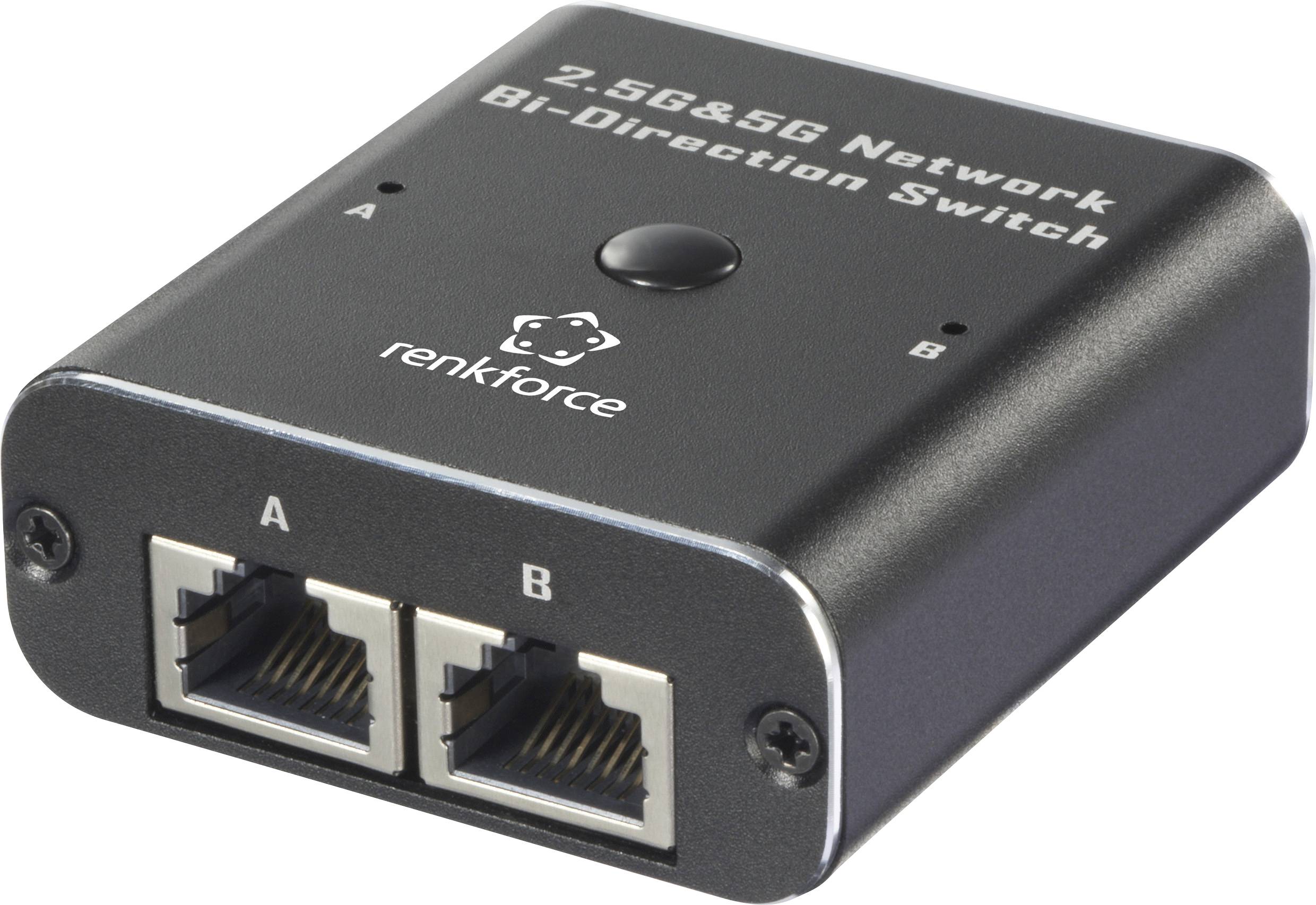 Crni, pravokutni mrežni preklopnik s dva Ethernet priključka, označen slovima 'A' i 'B'. Tekst na uređaju: '2.5G&5G mrežni dvosmjerni preklopnik'.