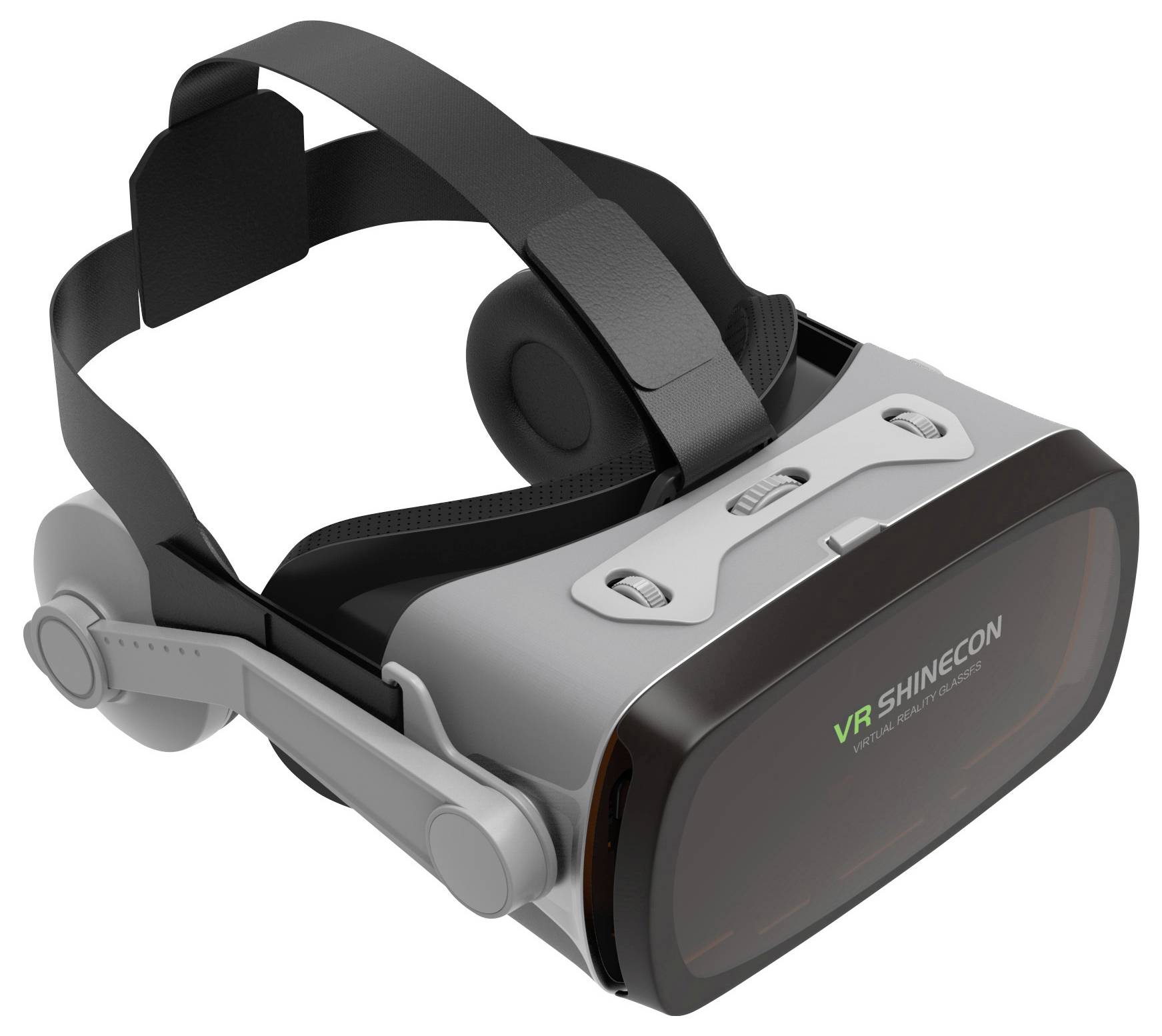 VR-headset u crnoj i sivoj boji s ugrađenim slušalicama i podesivim kaiševima za glavu, pogodan za imerzivna virtualna iskustva.