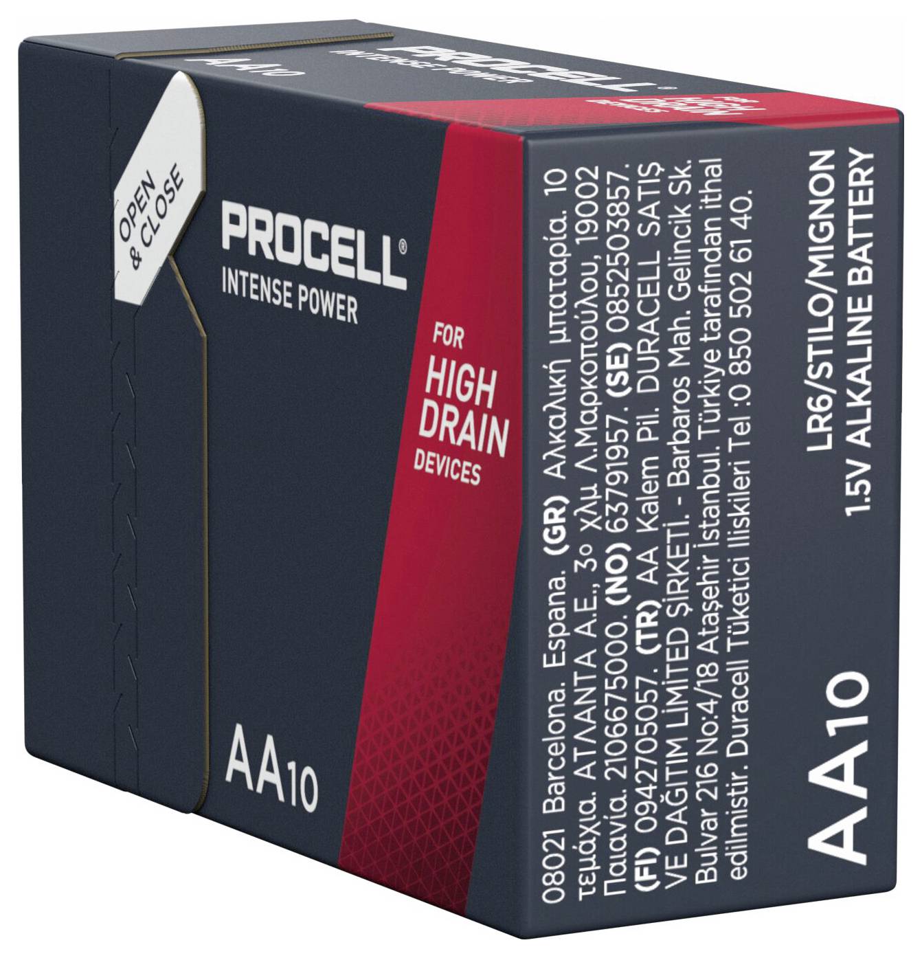 Kutija alkalnih baterija 'Procell Intense Power' veličine AA10, prikladnih za uređaje koji zahtijevaju visoku struju, s natpisom: 'Open & Close'.