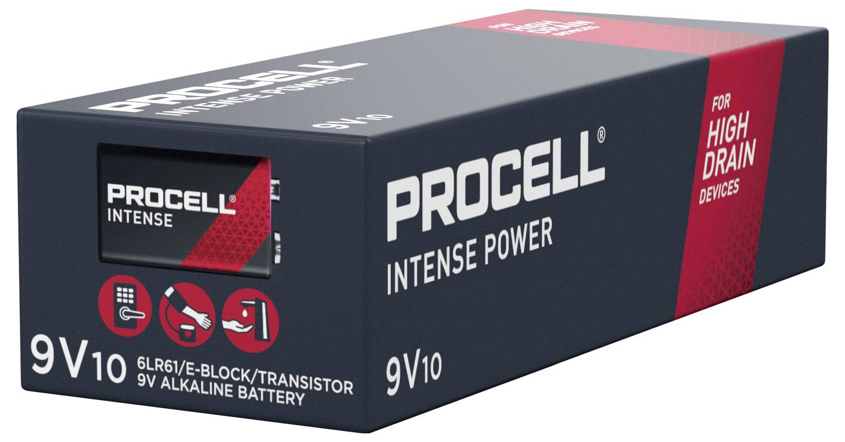 '9V Duracell Procell baterija, intenzivna, za uređaje s visokom potrošnjom energije. Pakiranja prikazuje naziv proizvoda i specifikacije.'