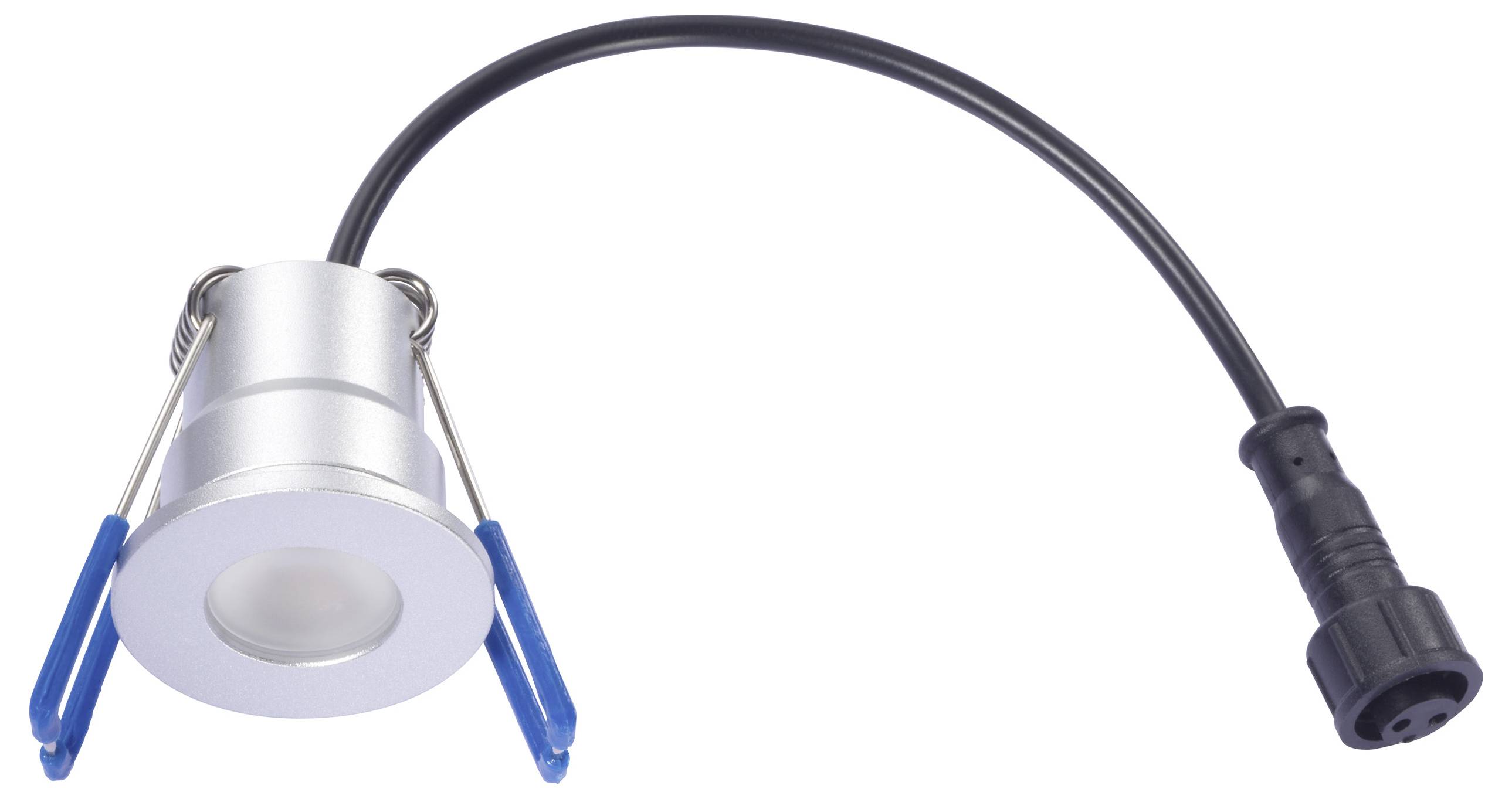 Srebrni ugradni LED downlight sa plavim kopčama i crnim napojnim kabelom.