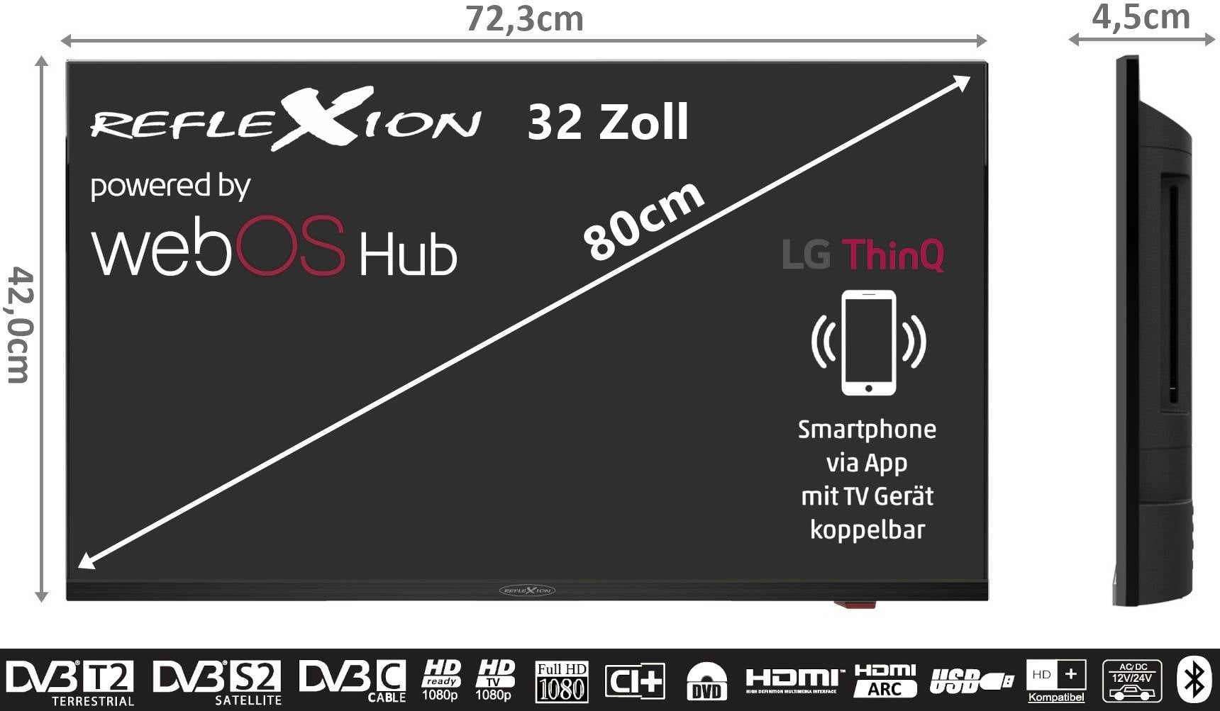 Refleksija 32-inčni Smart-TV s webOS sučeljem i LG ThinQ-om. Dimenzije: 72,3 x 42 x 4,5 cm. Pametni telefon se može povezati s TV-om putem aplikacije.