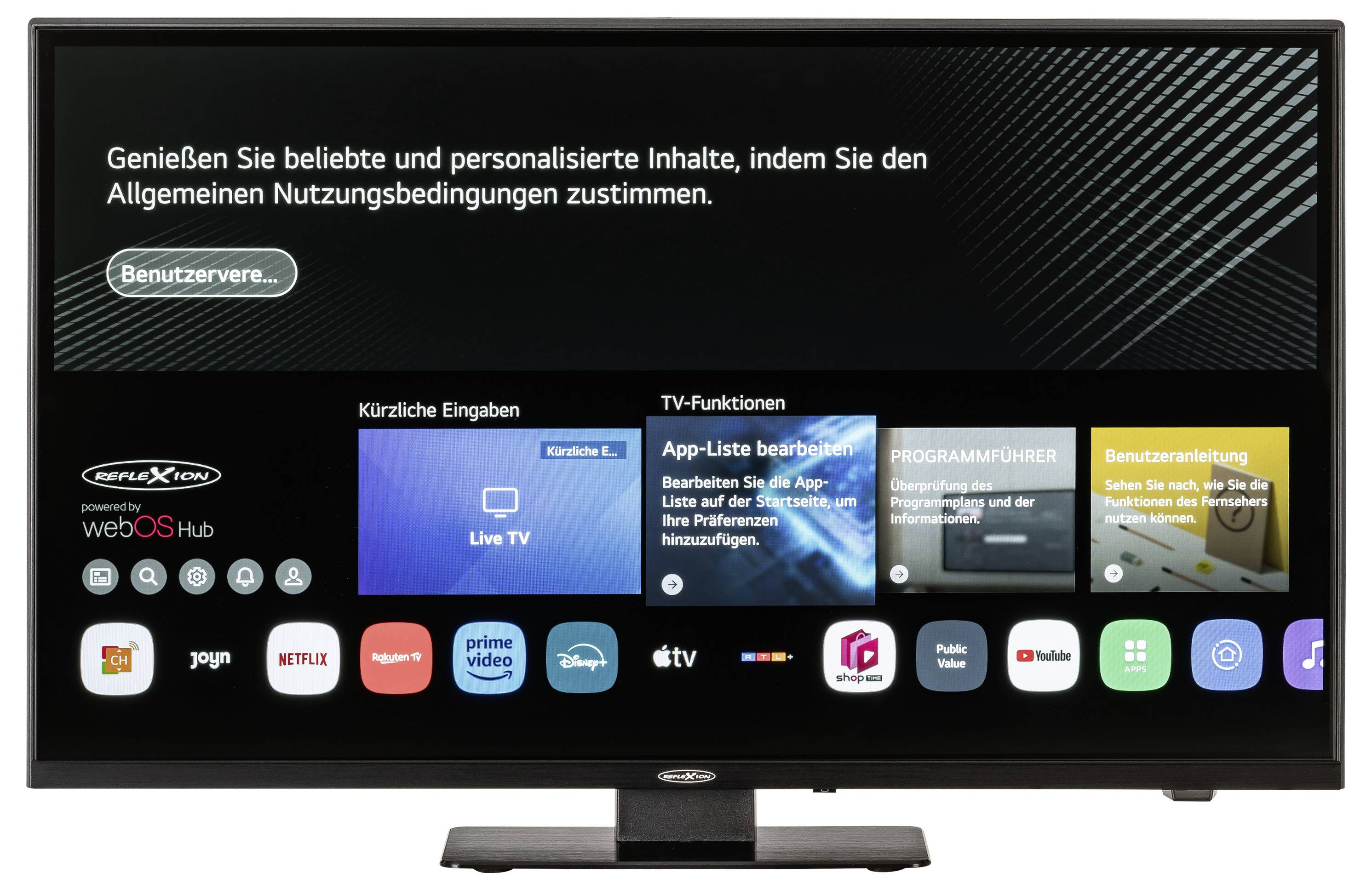 Zaslon televizora prikazuje aplikacije i funkcije poput Live TV-a, Netflixa, YouTubea. Poruka traži pristanak na uvjete korištenja.