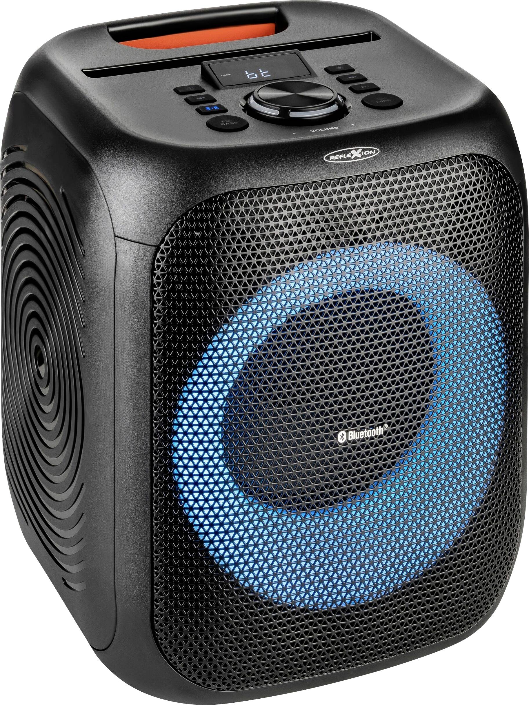 Prijenosni zvučnik s Bluetooth funkcijom, crne boje, pravokutnog oblika, s plavom LED rasvjetom na prednjoj strani.