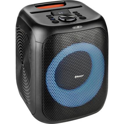 Prijenosni zvučnik s Bluetooth funkcijom, crne boje, pravokutnog oblika, s plavom LED rasvjetom na prednjoj strani.