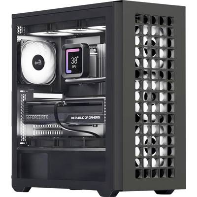 Crni desktop računalni toranj s vidljivim komponentama kroz prozirni bočni panel. Uključuje ventilator za hlađenje, CPU hladnjak koji prikazuje '38° CPU' i grafičku karticu označenu kao 'GEFORCE RTX'.