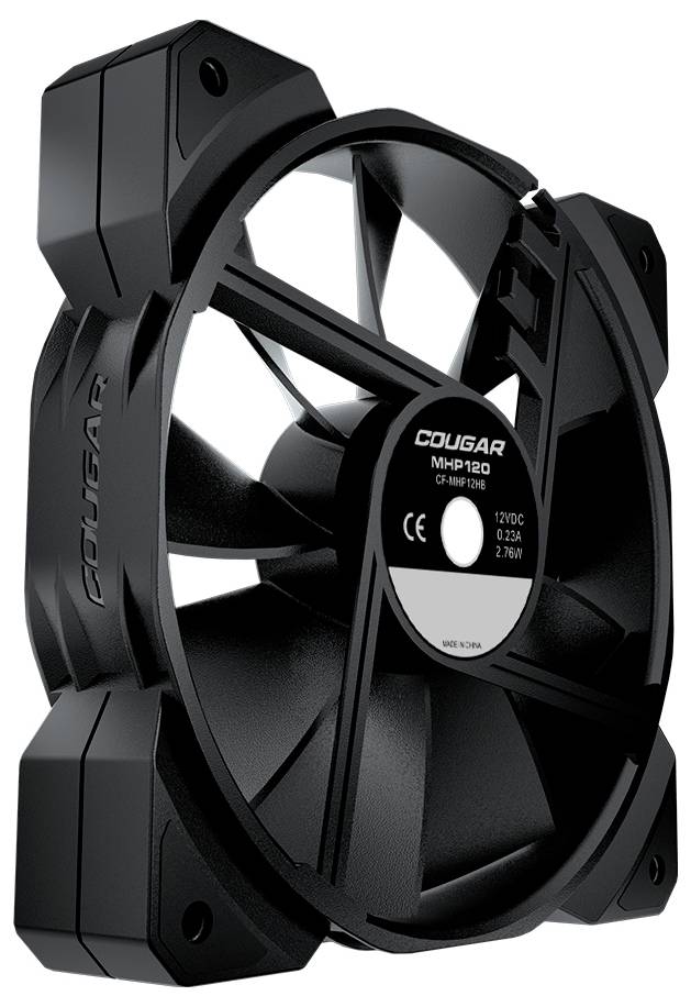 Crni ventilator s šest krila i naljepnicom u sredini koja prikazuje tehničke specifikacije i logotip marke.