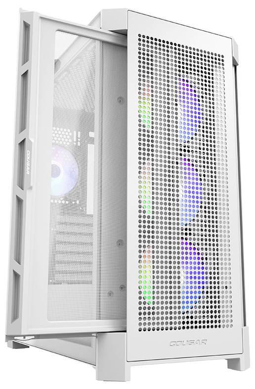 Bijelo kućište računala s prozirnom bočnom stranom. Sprijeda su vidljivi ventilatori s šarenim LED-icama. Pogodno za gaming računala.
