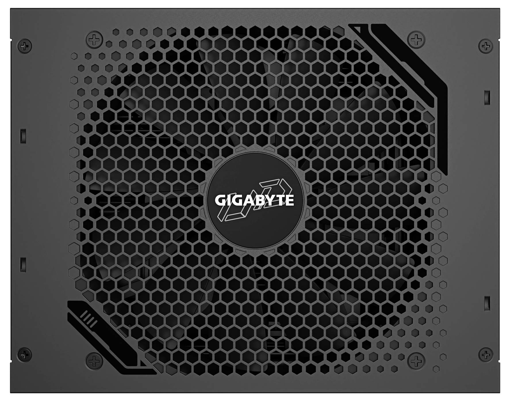 Crni računalni napajnik s rešetkastim uzorkom i centralnim ventilatorom. Logotip brenda 'GIGABYTE' u sredini ventilatora.