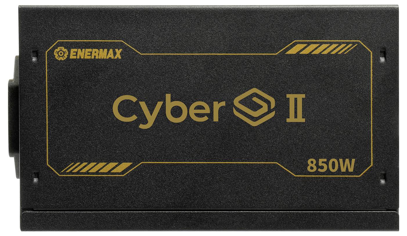 Jedinica napajanja 'Cyber II 850W' od Enermaksa, prikazana u crnoj boji sa zlatnim slovima i detaljima.