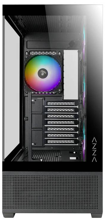 PC kućište s prozirnom bočnom stranom, vidljivi RGB ventilatori i više proširnih utora na stražnjoj strani. Označeno markom 'AZZA'.
