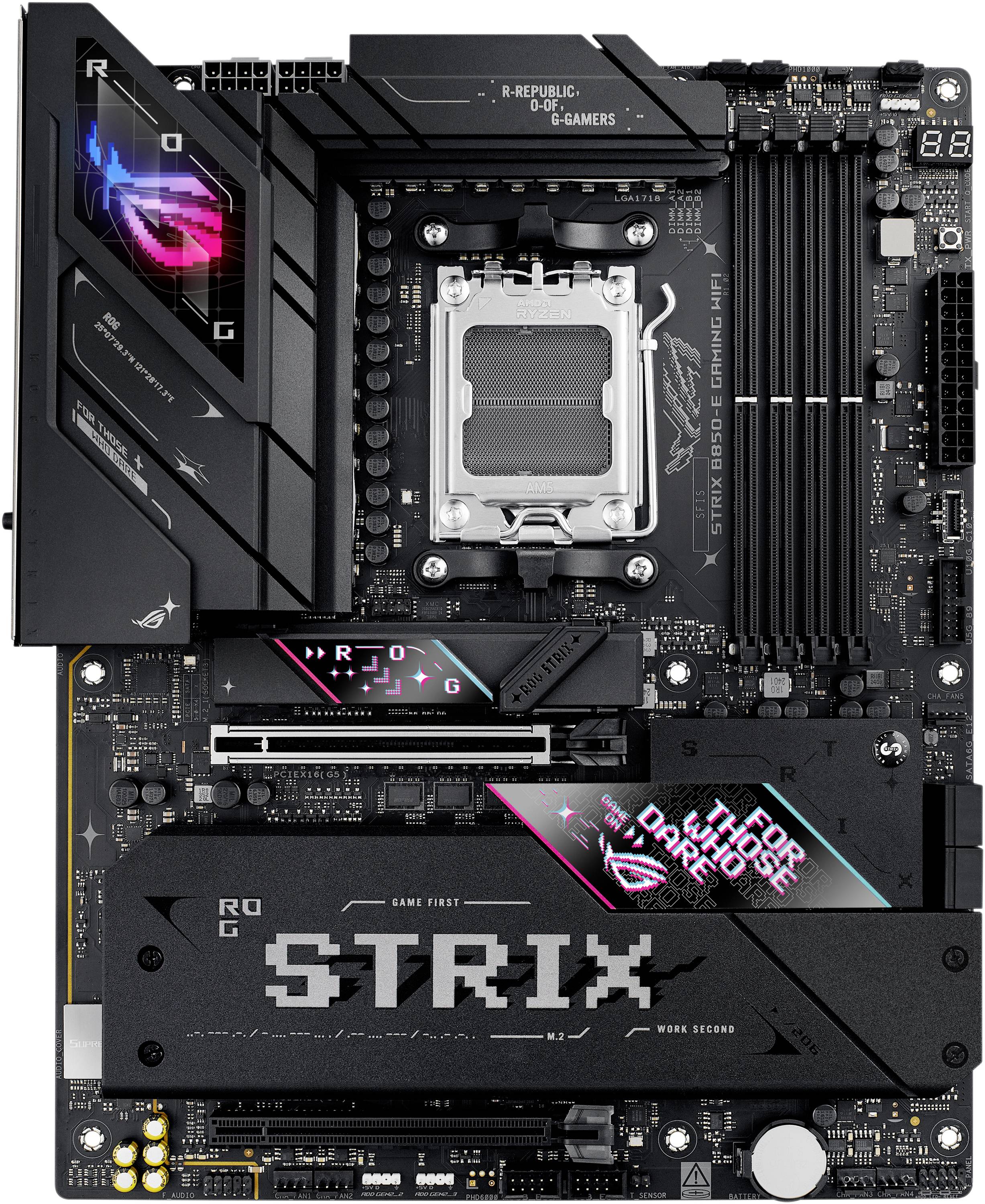 Matična ploča ASUS ROG Strix, prikazuje nosač procesora, utore za RAM i hladnjake. Pokazuje 'Strix' i 'Za one koji se usude'.