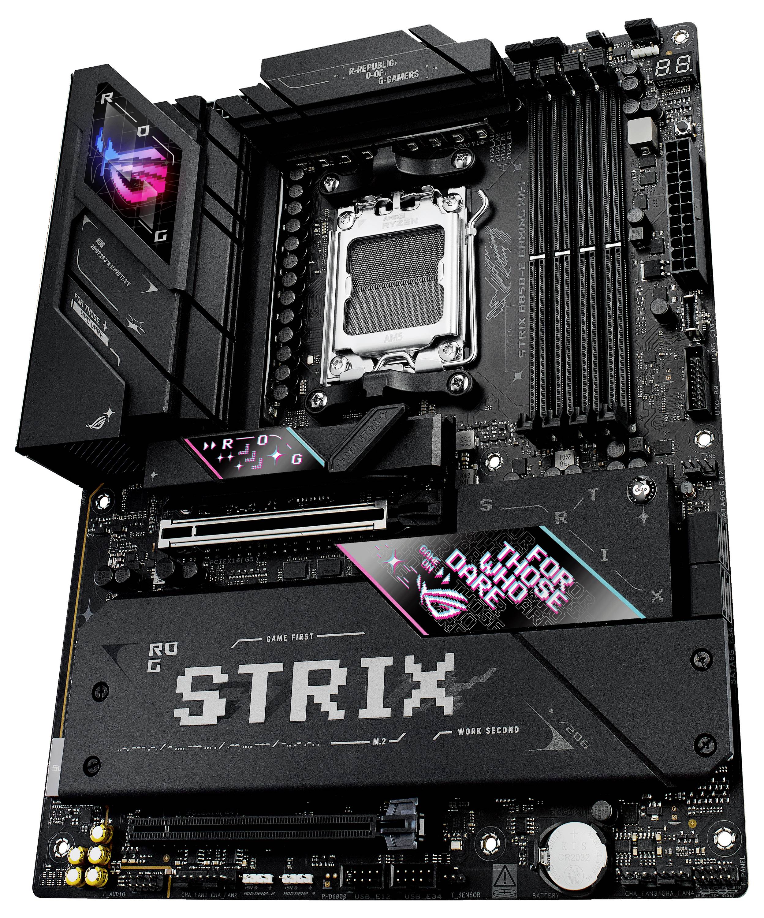 Računalna matična ploča crnog dizajna, RGB osvjetljenjem i ROG STRIX oznakom. Sadrži više utora i priključaka za PC komponente.