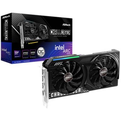 Grafika prikazuje ASRock Challenger grafičku karticu s Intel ARC 8GB. Ambalažа u pozadini s naglašenim detaljima proizvoda.