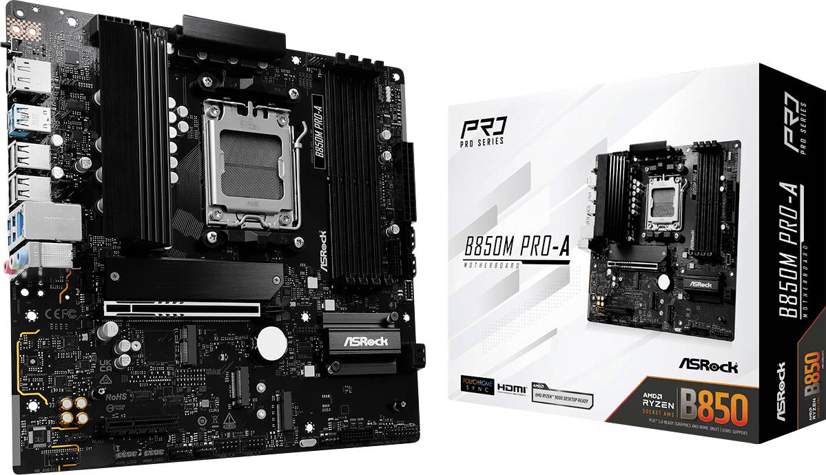 Matična ploča marke ASRock B650M PRO-A s pakiranjem. Glavne karakteristike: utičnica, utori za RAM i priključci jasno vidljivi. Pogodan za AMD Ryzen procesore.