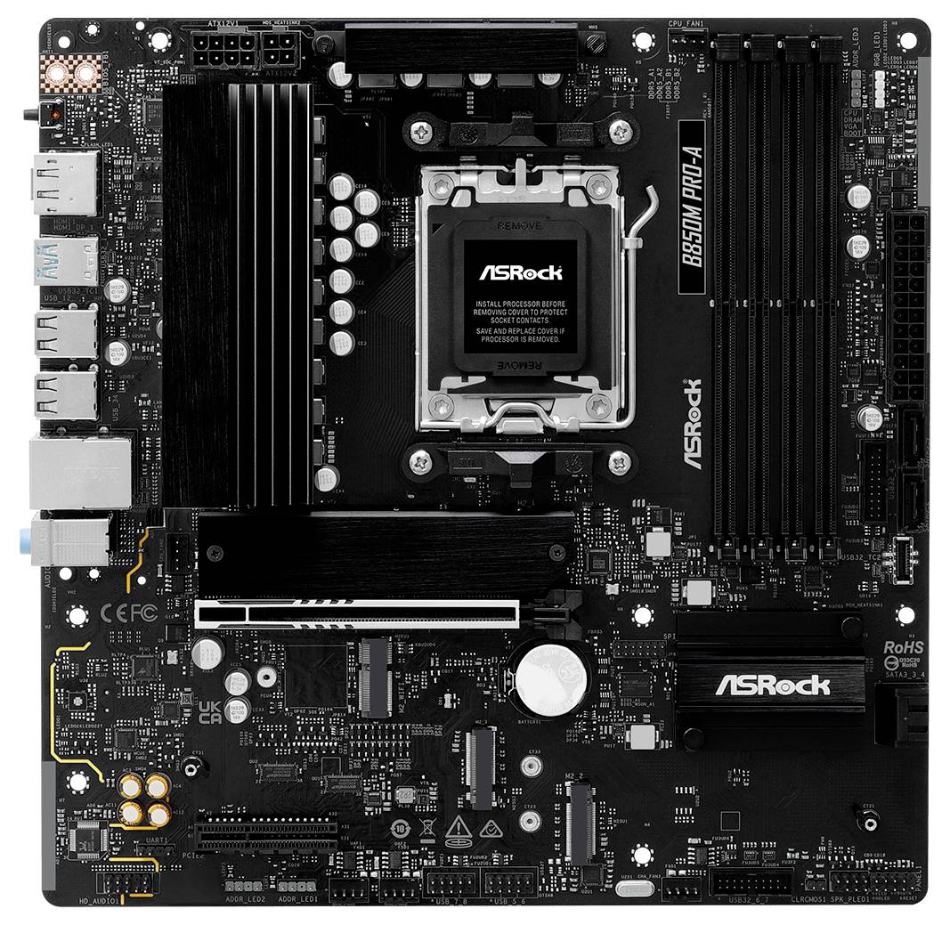 Matična ploča ASRock B550M Pro4 s PCIe utorima, RAM utorima i priključcima, pogodna za AMD procesore.