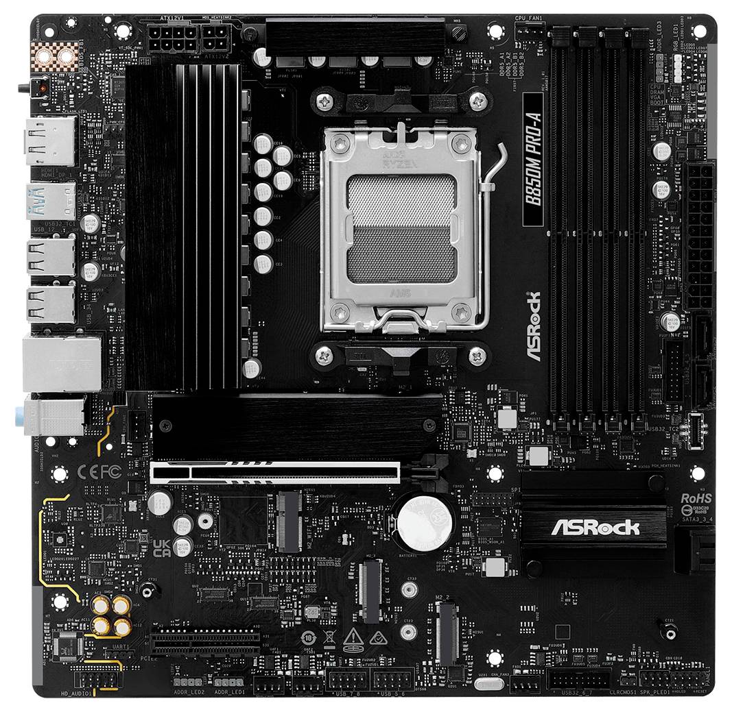 Crna matična ploča s nekoliko komponenata, uključujući hladnjake, CPU utičnicu i priključke na lijevom rubu.