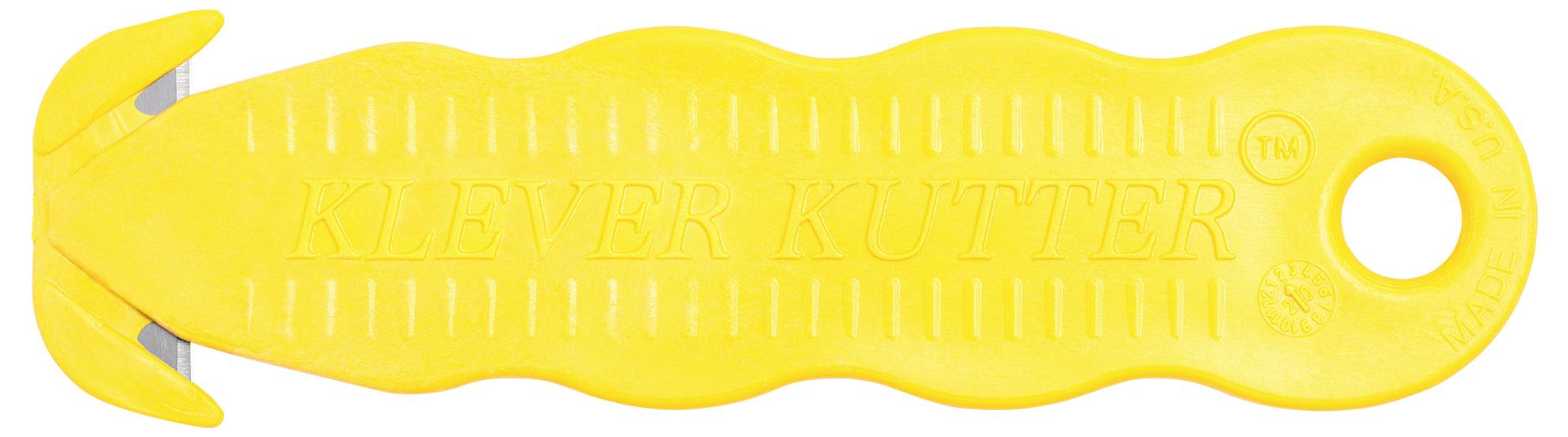 Žuti sigurnosni nož s valovitim rubom i natpisom 'Klever Kutter'. Pogodan je za sigurno rezanje ambalaže.