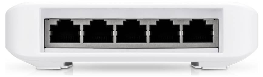 Bijeli mrežni switch s pet Ethernet priključaka, svi poredani jedan do drugoga.