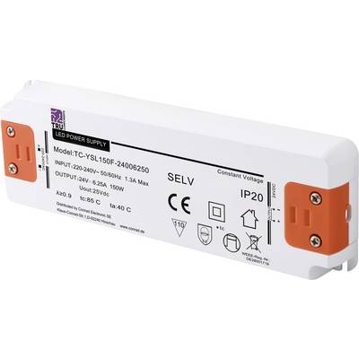 'LED napajanje, model TC-YSL150F-24006250, ulaz: 220-240V, izlaz: 24V, 6,25A, IP20, konstantni napon, klasa II, CE-certificirano.'