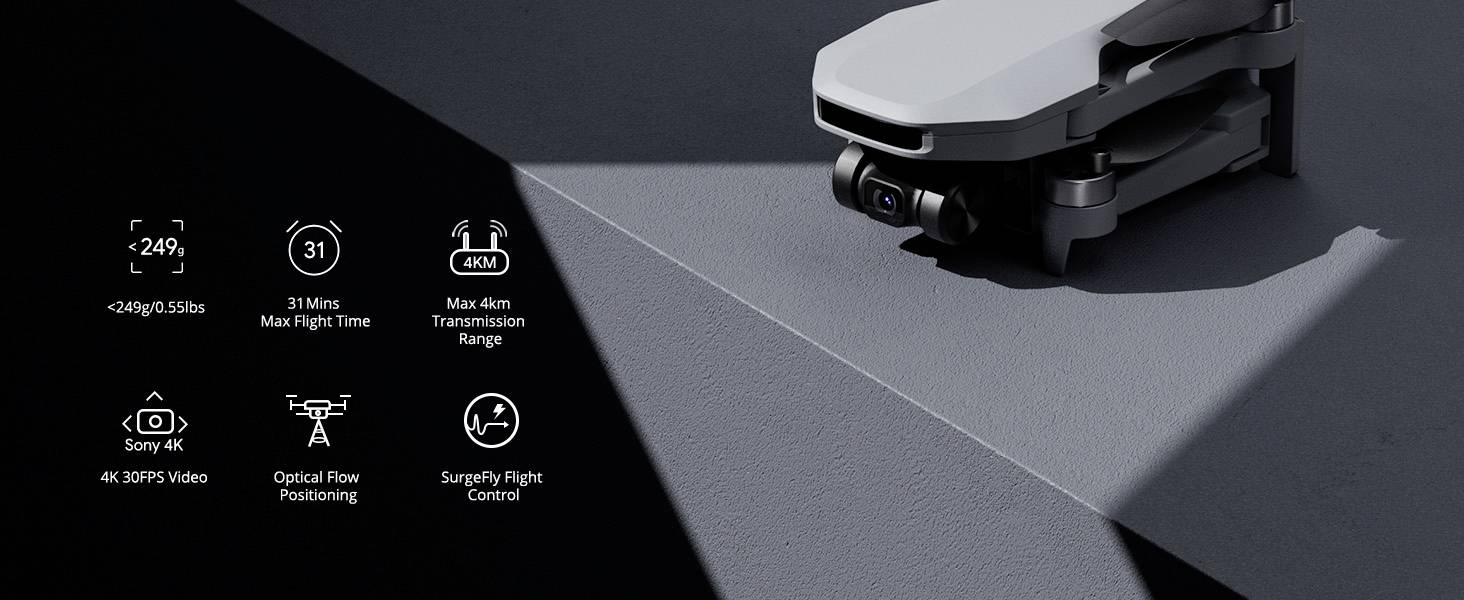Siva dron s kamerom na geometrijskoj pozadini. S lijeve strane nalaze se simboli i specifikacije: ispod 249g, 4K video, 31 min letnog vremena, domet od 10 km.