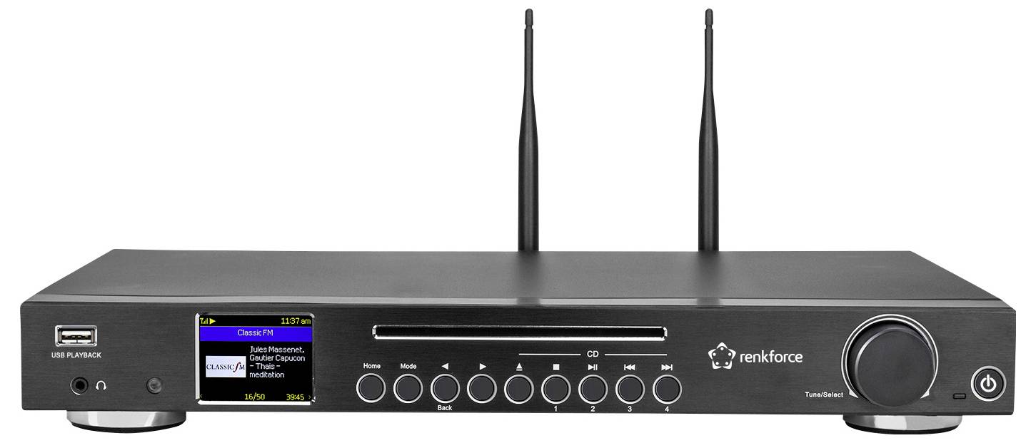 'Renkforce audio prijemnik s dvostrukim antenama, prednji zaslon koji prikazuje radijsku postaju, gumb za glasnoću, gumbovi za upravljanje, USB priključak i utor za CD.'
