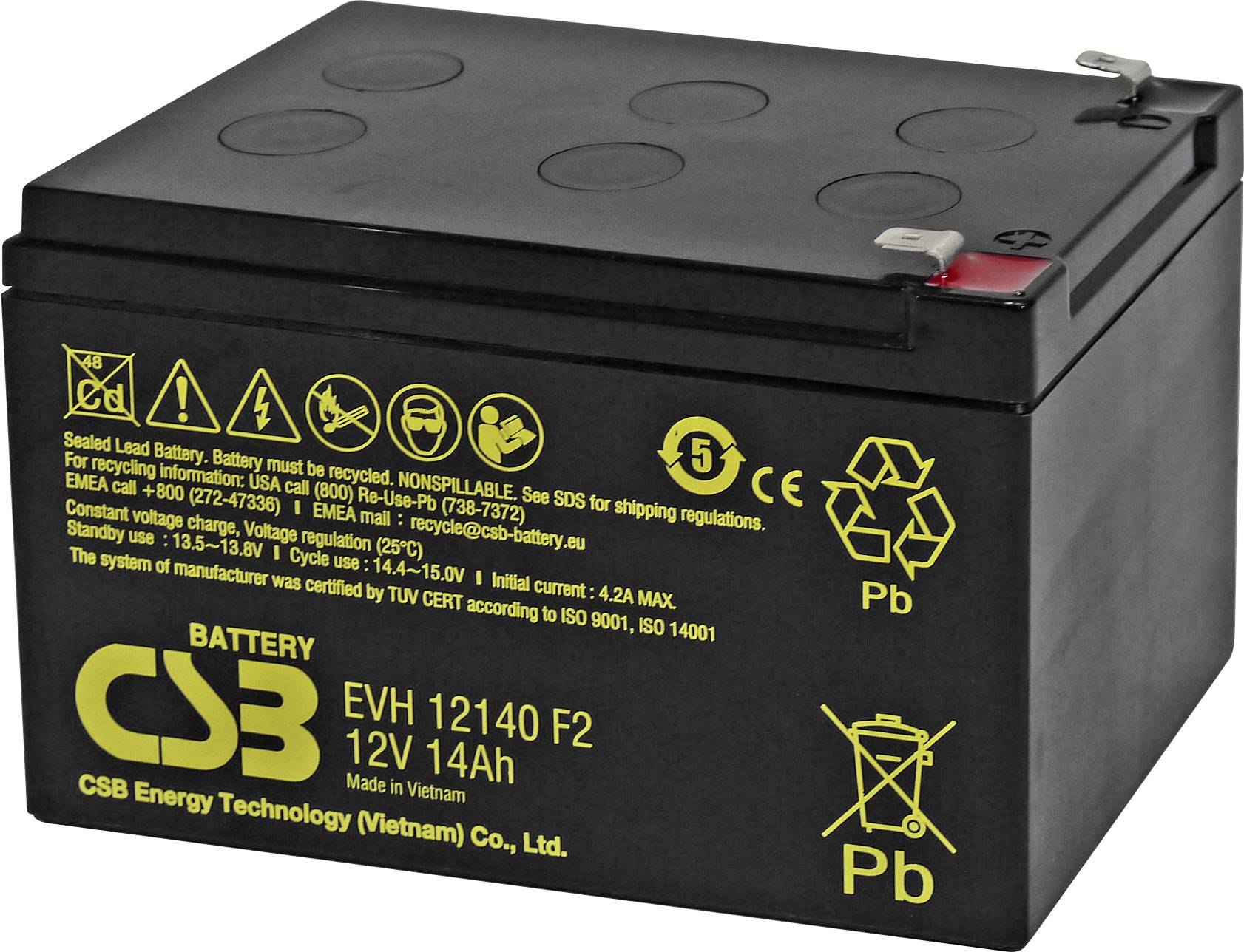 Crna 12V 14Ah baterija sa žutim sigurnosnim upozorenjima i oznakama. Proizvođač: CSB Battery. Podesna za upotrebu u različitim uređajima.