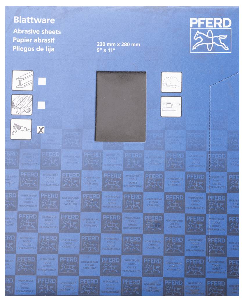 Plavo dizajnirana ambalaža s imenom marke, shematskim prikazom maske konjske glave i natpisom: 'Brusni papir 230 mm x 280 mm'.