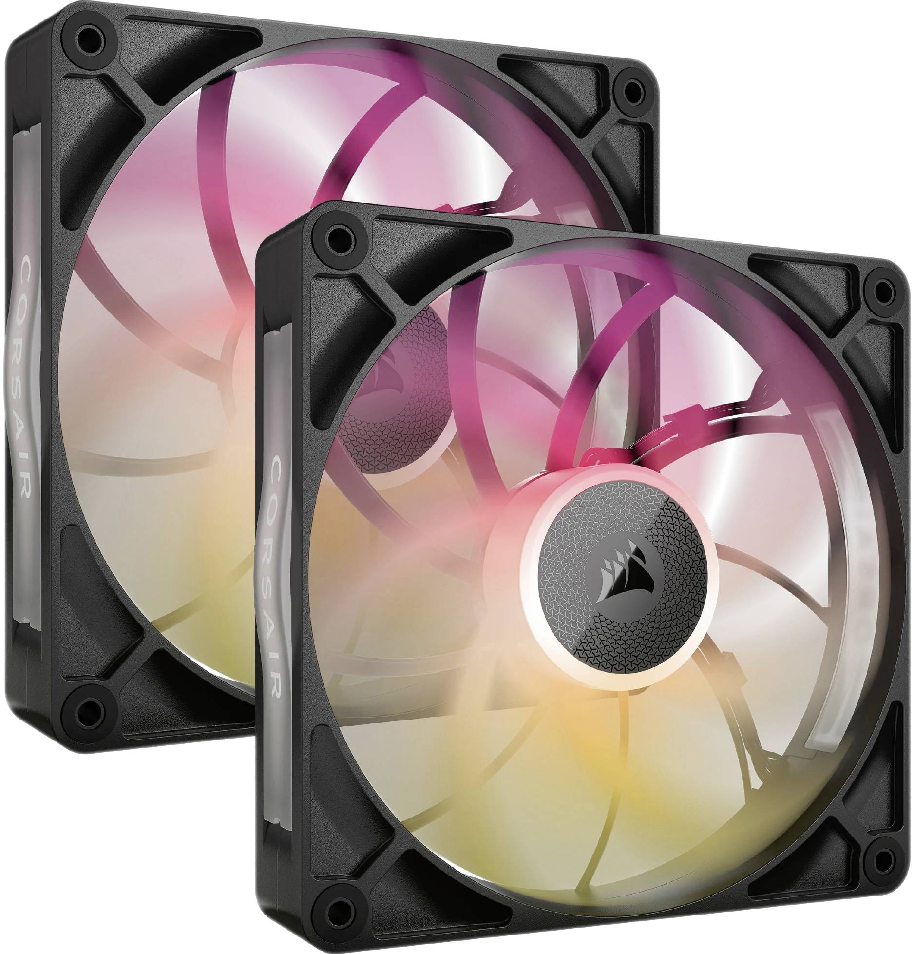 Dva crna računalna ventilatora s RGB osvjetljenjem u ružičastoj i žutoj boji, postavljeni na bijeloj pozadini.