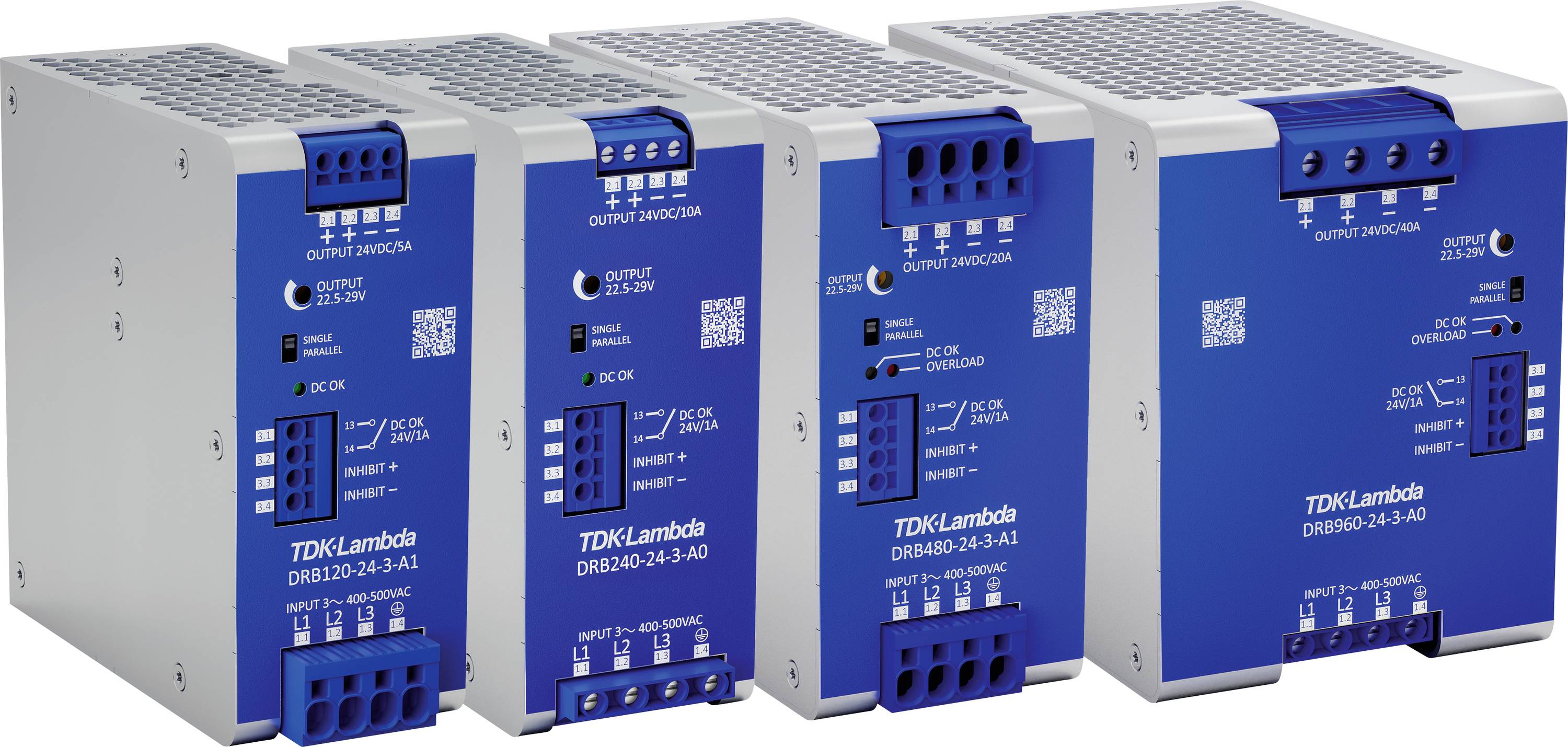 Četiri plava, pravokutna elektronička uređaja tvrtke TDK-Lambda, model DRB50-24-3-1, s različitim mogućnostima priključivanja i ventilacijskim otvorima.