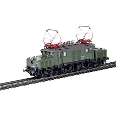 Zeleni model električne lokomotive na tračnicama, s vidljivim strujnim hvatačima na vrhu.