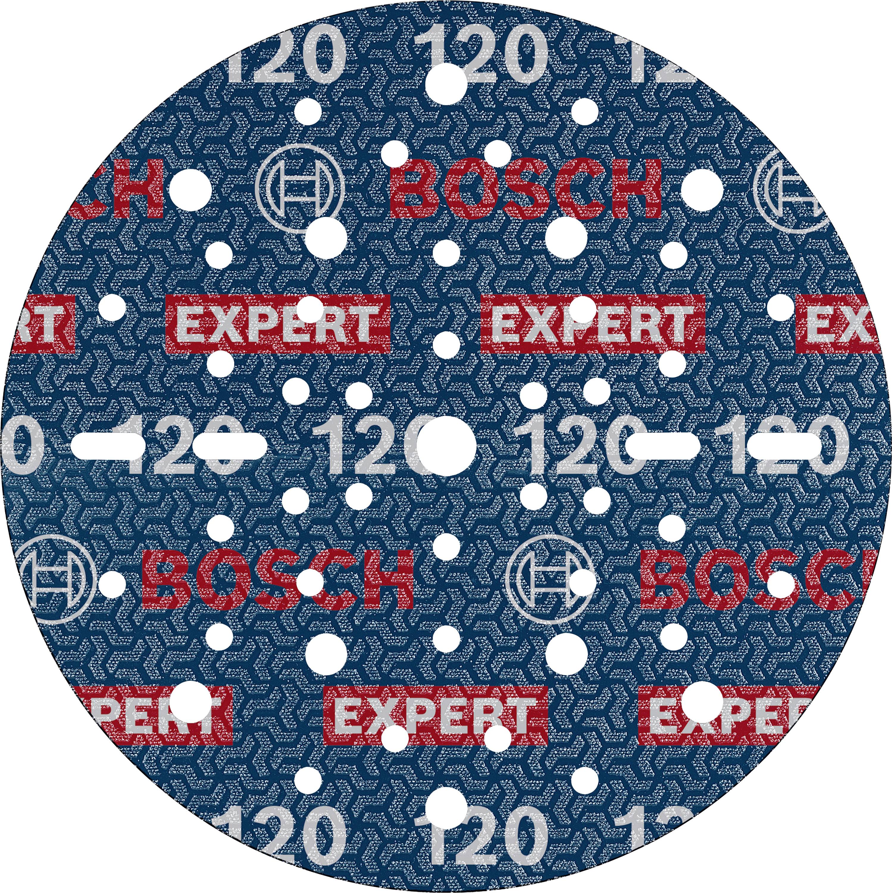 Brusna ploča tiskana s 'Bosch', 'EXPERT' i '120', s više rupa za odvod prašine i plavom pozadinom.