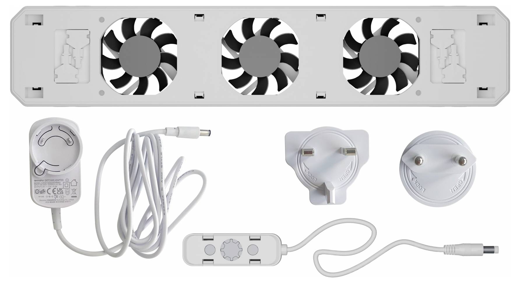 Jedinica ventilatora s tri ventilatora i raznim mrežnim adapterima. Sadrži kontrolni kabel za regulaciju temperature.