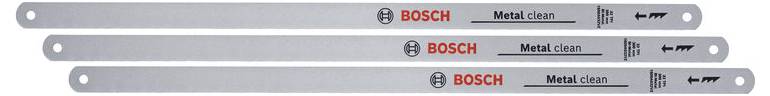 Tri metalna lista pile od Boscha, s natpisom 'Metal clean' i strelicama koje ukazuju na smjer rezanja.