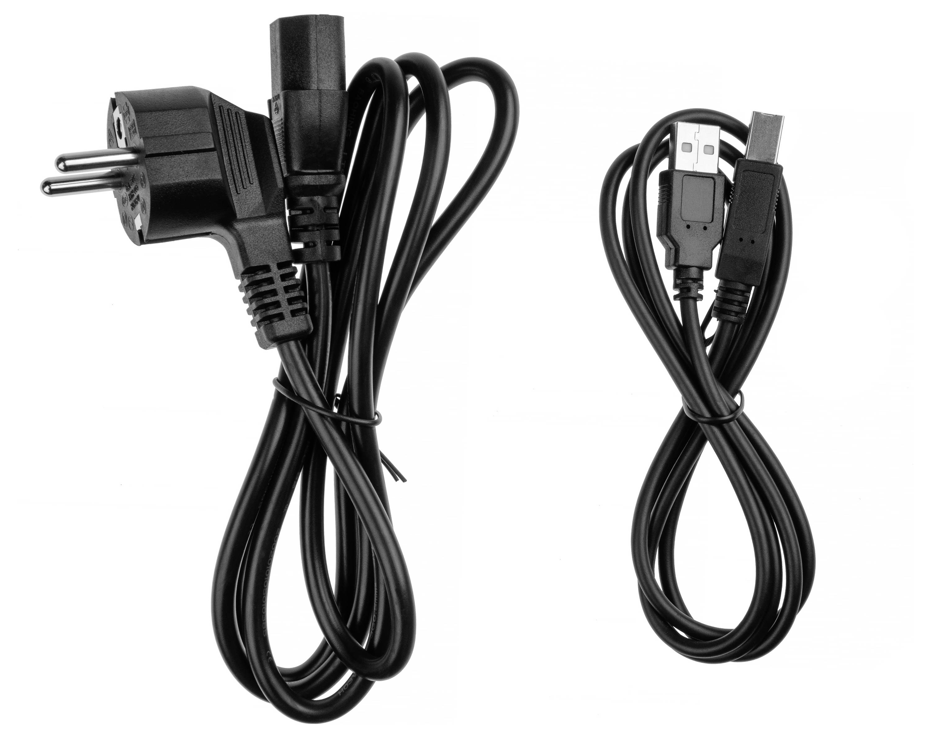Dva crna kabela: lijevo kabel napajanja sa Schuko utikačem, desno USB kabel s USB-A i USB-B utikačima.