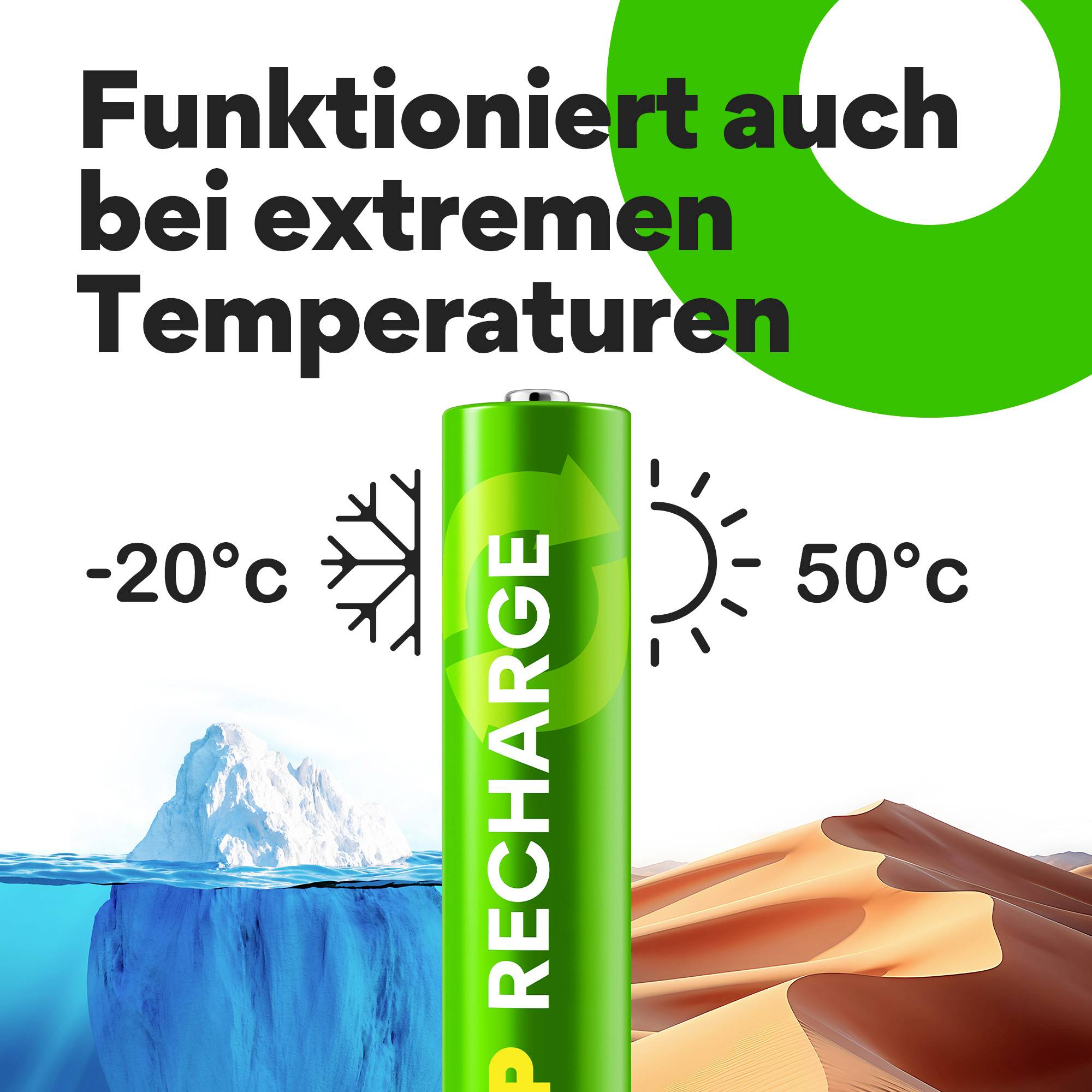 "Funkcionira čak i pri ekstremnim temperaturama" stoji iznad slike baterije, flankirane simbolima za -20°C i 50°C.